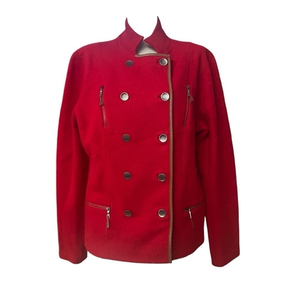 Worth Vtg Sz L 100% Wool Double Breasted Pea Coat Jacket Leather Trim Deep Red